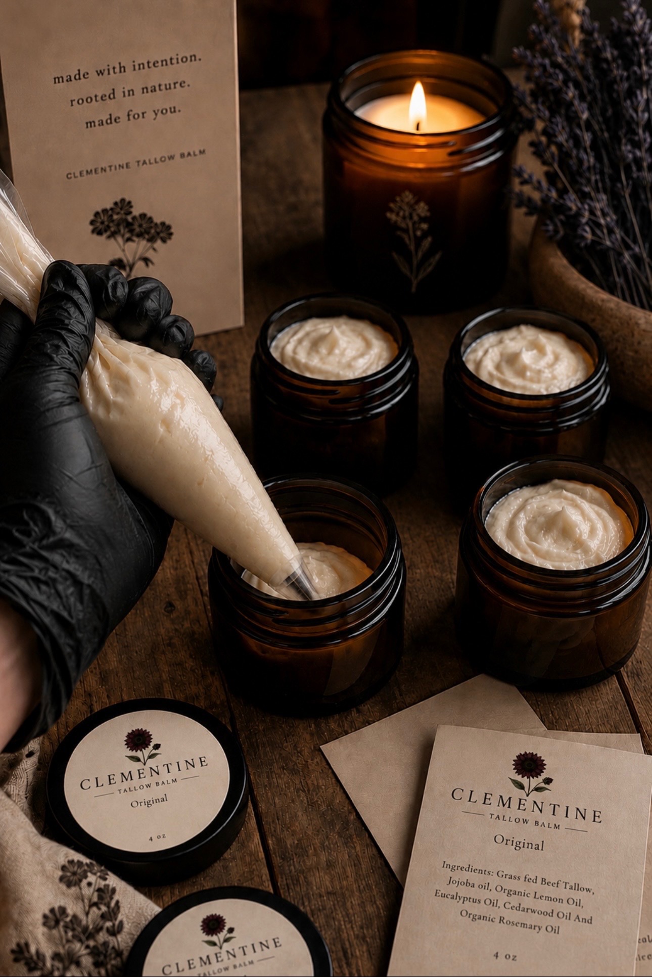 Whipping tallow balm into amber glass jars by hand